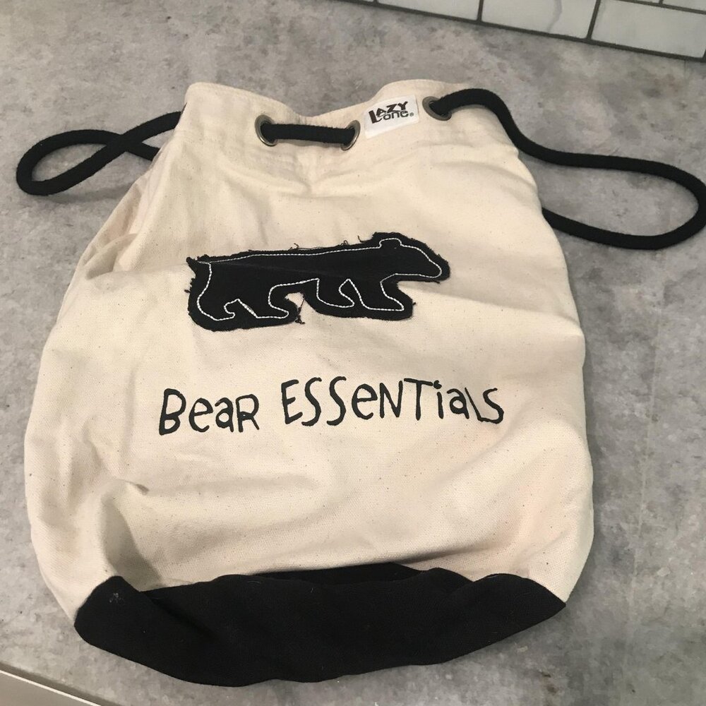 Lazy One Bear Essentials Canvas Drawstring‎ Backpack Bag Natural Black Tote